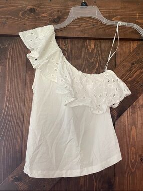 Mango White One-Shoulder Eyelet Ruffle Camisole